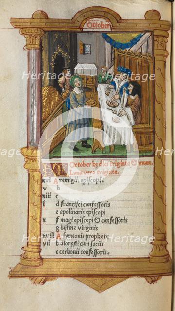 Printed Book of Hours (Use of Rome): fol. 11v, October calendar page, 1510. Creator: Guillaume Le Rouge (French, Paris, active 1493-1517).