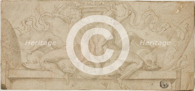 Design for Overdoor: Two Ignudi with Dolphins and Shields, n.d. Creator: Unknown.