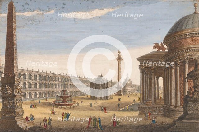 View of an obelisk, a triumphal arch, a column and other structures in Rome, 1756. Creator: Unknown.