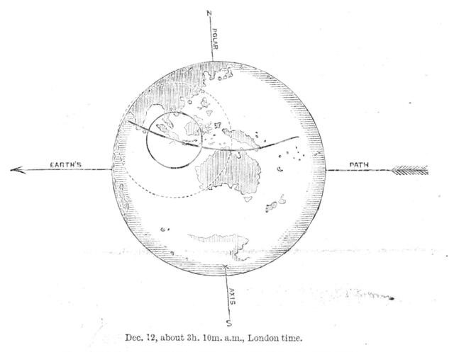 The Total Solar Eclipse of Dec. 12: central eclipse, now in south of Sumatra, 1871. Creator: Unknown.