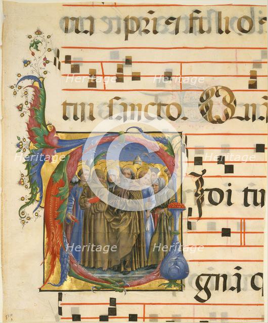 Manuscript Illumination with All Saints in an Initial V, from an Antiphonary, 1450-60. Creator: Cosmè Tura.