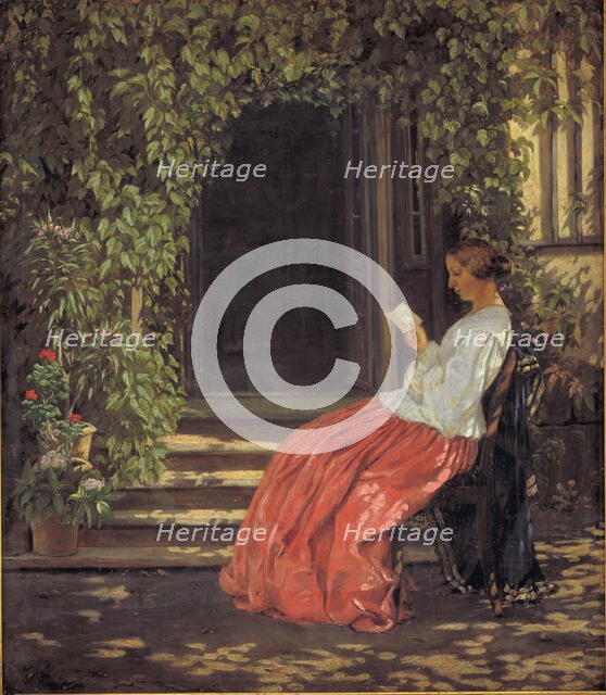Women reading in front or a garden door, 1834-1903. Creator: Vilhelm Kyhn.