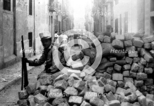 Barricades in the streets of Barcelona during the Tragic Week from 26 to 31 July 1909.