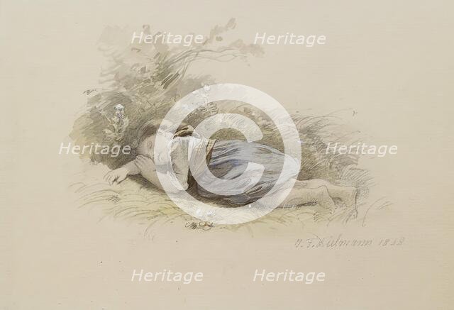 Girl Asleep in the Woods, 1848. Creator: Jakob Dielmann.