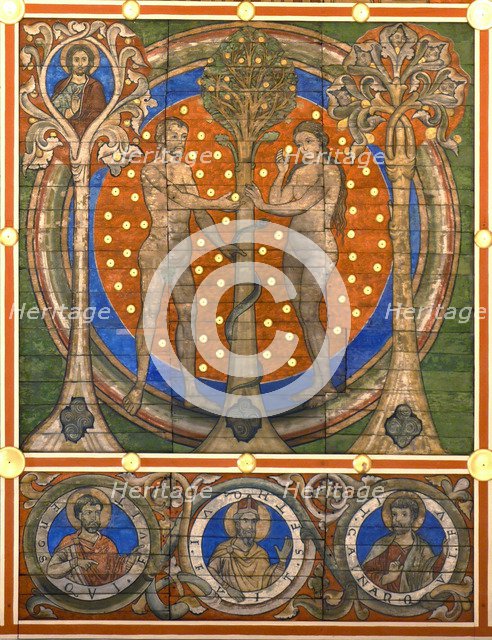 dam and Eve. Detail of the painted wooden ceiling of the St. Michael's Church, Hildesheim, ca 1230. Artist: Master of Lower Saxony (active ca. 1230)