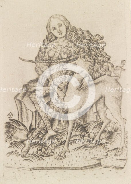 Playing Card, with Wild Woman and Unicorn, 15th century. Creator: Master ES.