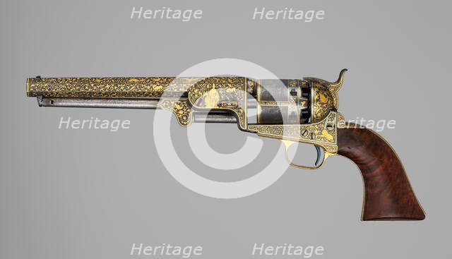 Gold-inlaid Colt Model 1851 Navy Revolver (serial no. 20133), with Case and Accessories, ca. 1853. Creator: Samuel Colt.