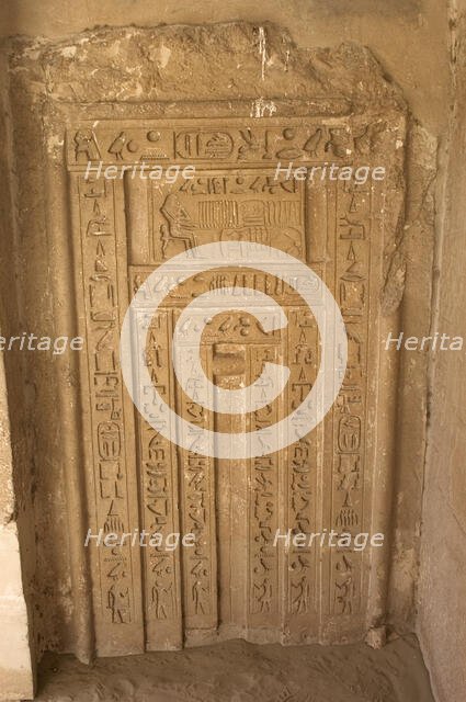 Hieroglyphic writing and deceased ofering food to the gods, Necropolis of Saqqara, Egypt, 2003. Creator: Unknown.