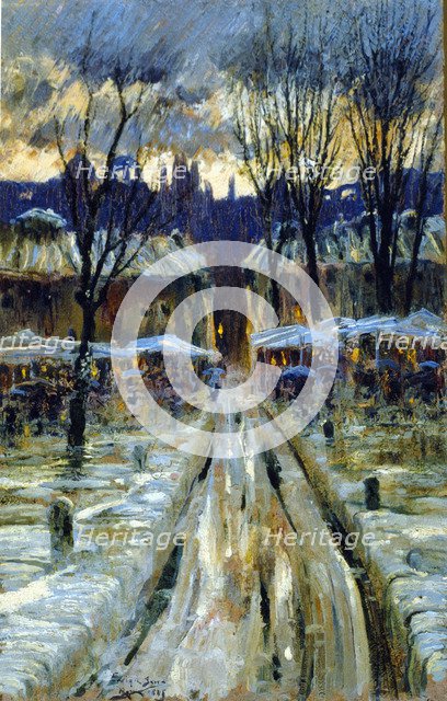 Snowy Urban Landscape, 1885, oil by Enric Serra.