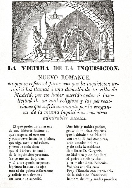 Popular romance on the Inquisition, boxwood engraving made in 1860 in Barcelona at Ignacio Estivi…