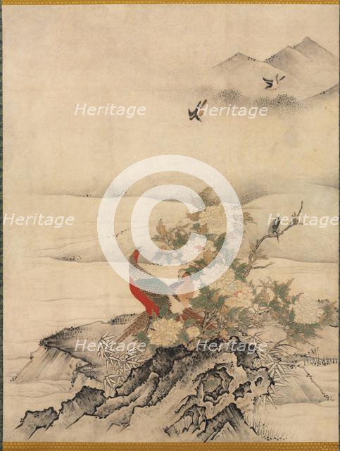 Flowers and Birds in a Spring Landscape, 1500s. Creator: Kano Motonobu (Japanese, c. 1476-1559), attributed to.