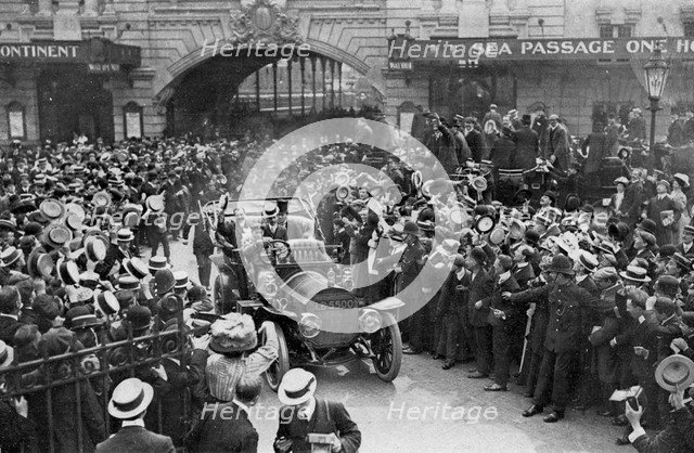 Louis Blériot on his way to the Savoy Hotel, London, 25 July 1909. Artist: Unknown
