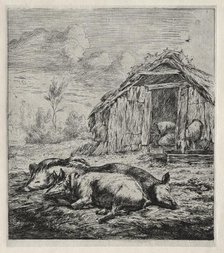 Three Swine Lying in Front of a Sty, 1850. Creator: Charles Meryon (French, 1821-1868).