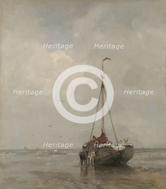 Bluff-bowed Fishing Boat on the Beach at Scheveningen, c.1885. Creator: Jacob Henricus Maris.