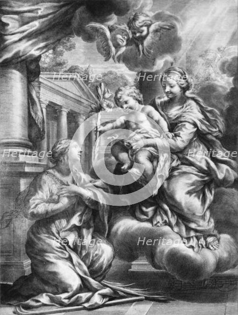 Saint Martina kneeling before the Virgin and Child, as the Child offers her a lily,..., ca. 1664-79. Creator: François Spierre.
