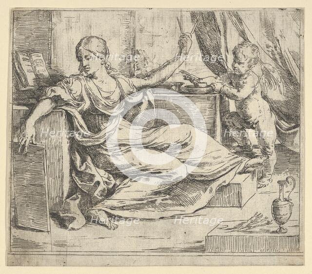 Seated woman holding a tablet and compass (allegory of learning), a winged putto ..., ca. 1600-1640. Creator: Guido Reni.