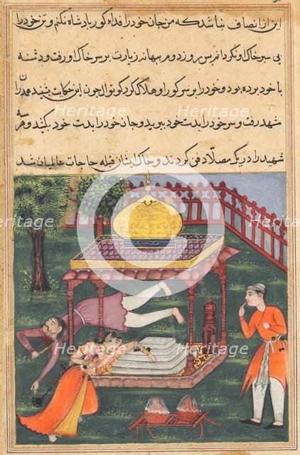 Page from Tales of a Parrot (Tuti-nama): Thirty-sixth night: Mahrusa kills herself..., c. 1560. Creator: Unknown.