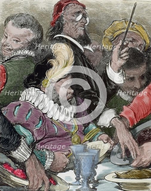 Governor Sancho's doctor refuses to let him eat to his heart's content, late 19th century.  Creator: Gustave Doré.