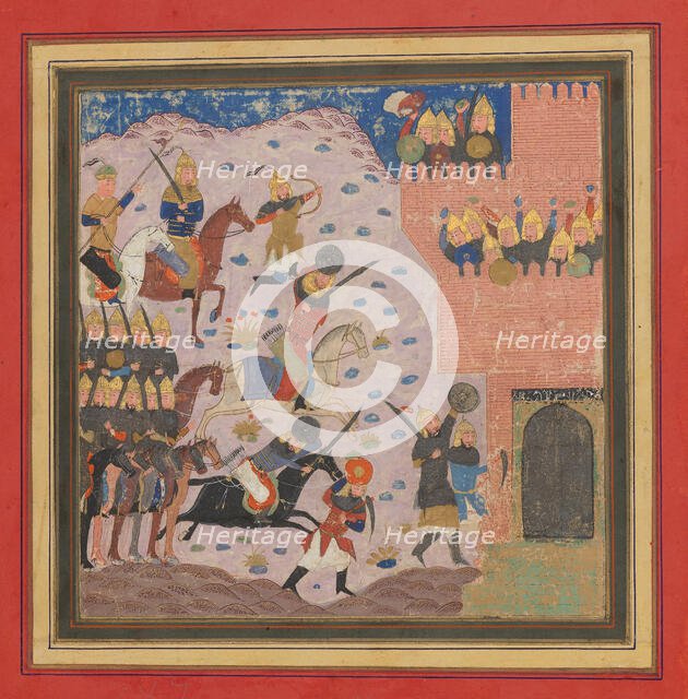 Kai Khusrau, Gudarz and Giv Capturing the Demon's Fortress, Bahman (?)..., ca. 1430-40. Creator: Unknown.