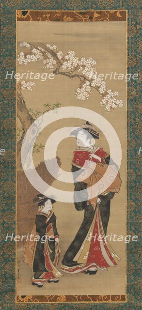 Courtesan and her Attendant under a Cherry Tree, early 19th century. Creator: Utagawa Toyoharu.