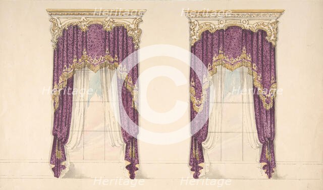 Design for Purple Curtains with Gold Fringes and a Gold and White Pediment, early 19th century. Creator: Anon.