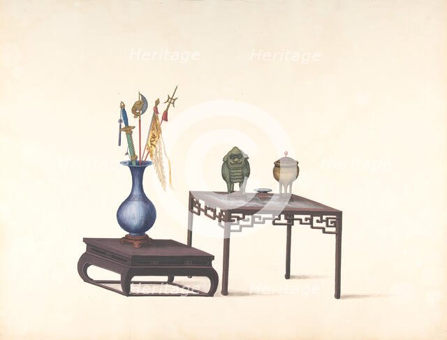 Two Tables, One Low with Large Vase and Objects, One Higher with Covered Pot..., 19th century. Creator: Anon.