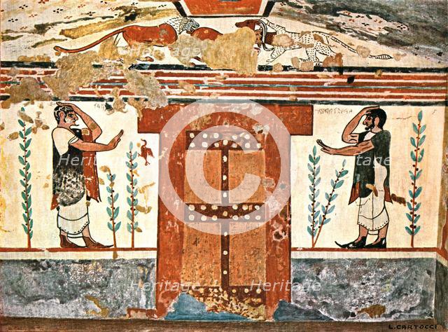 Wall in the Tomb of the Augurs (Tomba degli Auguri) at Tarquinia, Italy, (1928). Creator: Unknown.