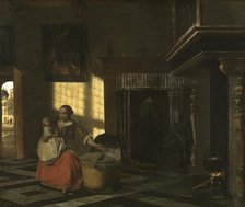 Interior with a Mother close to a Crib, from c.1665 until 1665. Creator: Pieter de Hooch.