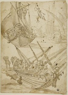 Crew Abandoning Ship (recto) Sketches of Corinthian Columns (verso), c.1600. Creator: Lazzaro Tavarone.