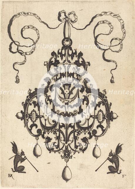 Large Pendant, Two Winged Fantasy Creatures with Trumpets at Bottom, 1596. Creator: Daniel Mignot.