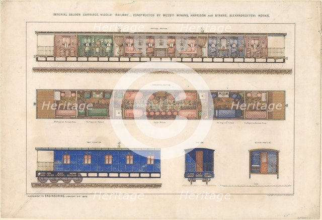 Imperial saloon carriage, Nikolayevsky railway, 1868. Artist: Anonymous  