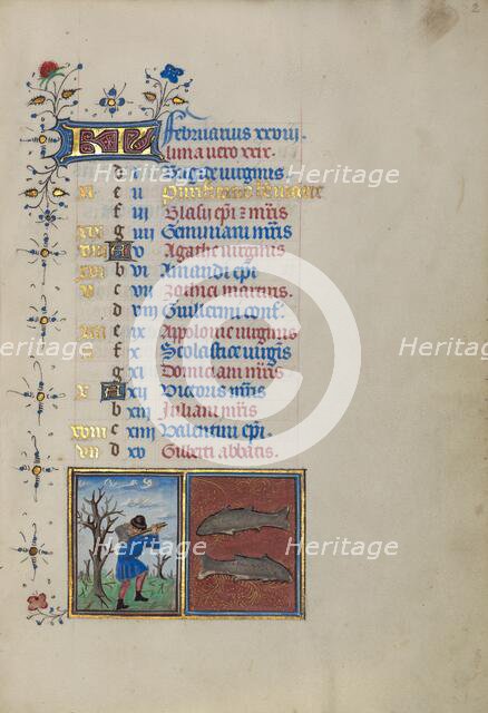 Calendar Page for February: Chopping Trees: Pisces; Book of Hours, about 1450-1455. Creator: Master of the Lee Hours.