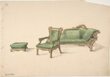 Design for a Gilded Settee, Arm Chair and Footstool with Green Upholstery, early 19th century. Creator: Anon.
