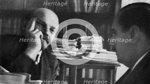 Vladimir Lenin in conversation with the writer H.G. Wells on October 5, 1920, 1920. Creator: Humphries, W. (active ca. 1920).