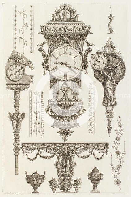 Designs for mantlepiece clocks, ornamentation and decorative borders, 1769.  Creator: Giovanni Battista Piranesi.