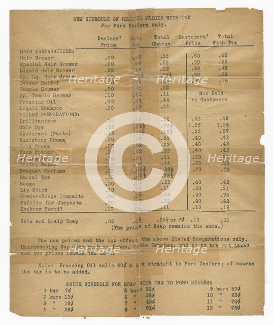 Price list for dealers of Poro beauty products, 1915-1953    . Creator: Unknown.