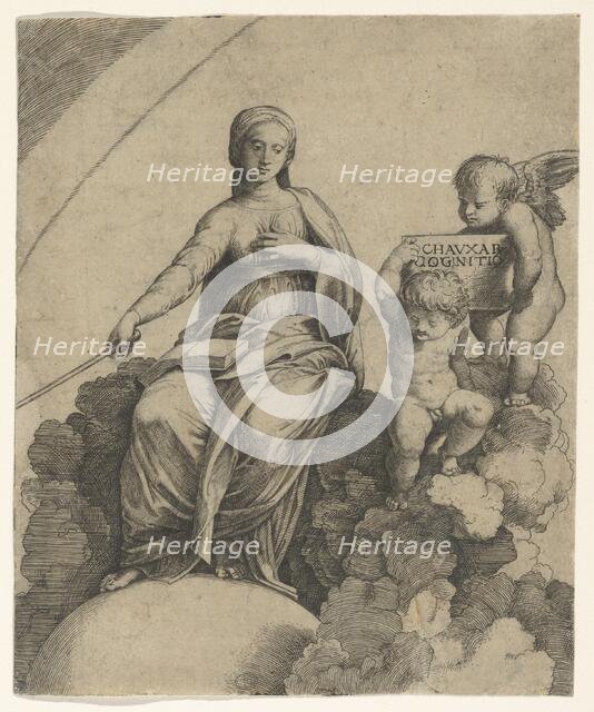 A personification of Philosophy sitting on clouds with her feet resting on a globe,..., ca. 1510-15. Creator: Marcantonio Raimondi.