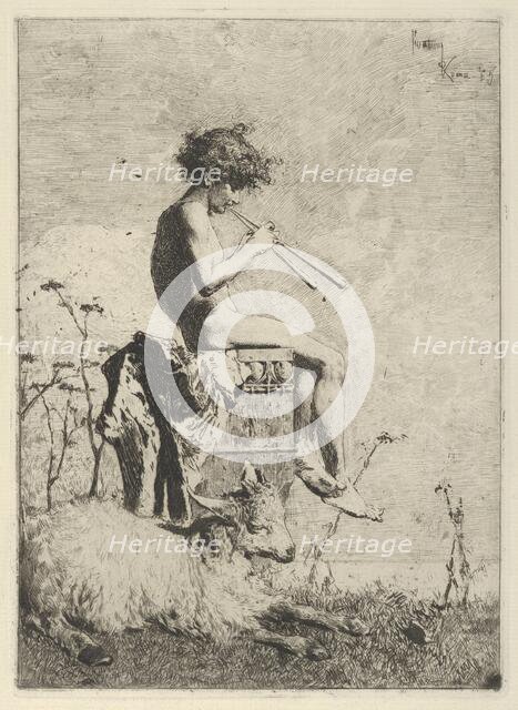 Idyll: a naked youth seated outdoors on a plinth playing a double flute, a goat on the gro..., 1865. Creator: Mariano Jose Maria Bernardo Fortuny y Carbo.
