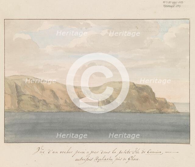 View of rock with hole on small island of Comino near Gozo, 1778. Creator: Louis Ducros.