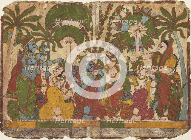 Assassin aiming an arrow at a king seated on a balcony, c1830. Artist: Unknown.