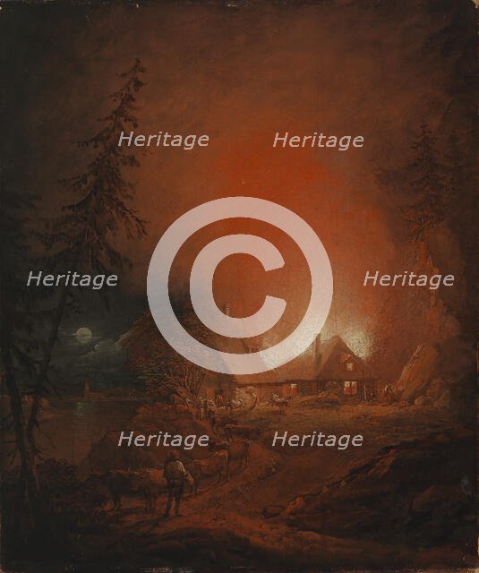 A Fire at Night in a Farmer's House, 1809. Creator: Alexander Lauréus.