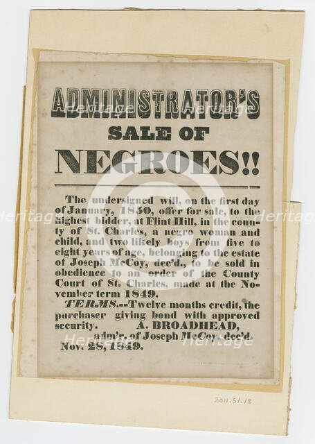 Broadside for sale of enslaved woman and children from estate of Joseph McCoy, November 28, 1849. Creator: Unknown.