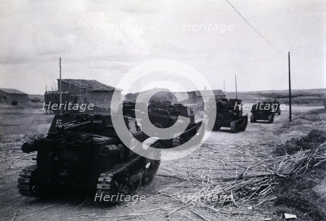 Spanish Civil War 1936-1939, Aragon front, Italian tanks marching towards the battle lines, Oct, …