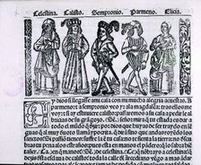 Title page of 'Libro de Calixto y Melibea y la puta vieja Celestina' (Book of Calixto and Melibea…
