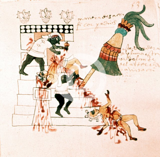 Aztec temple sacrifice. Artist: Unknown