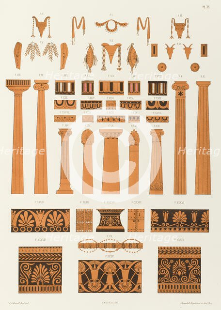 Offrandes, colonnes, stèles et ornements divers tirés de vases peints, 1846.  Creator: Franz Kellerhoven.