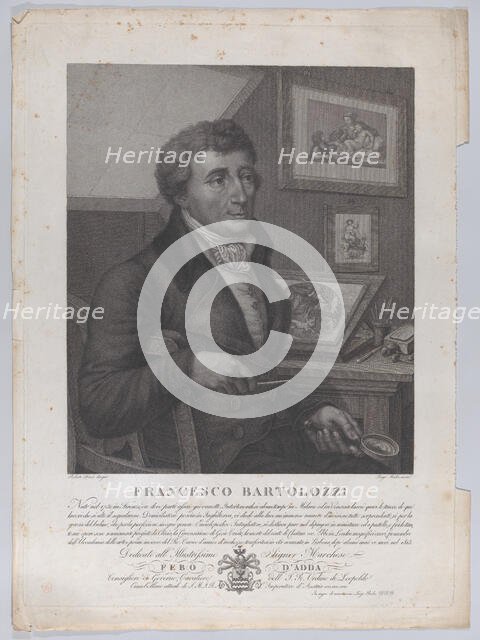 Portrait of Francesco Bartolozzi, seated, holding a magnifying glass with printmaking tool..., 1827. Creators: Luigi Rados, Roberto Focosi.