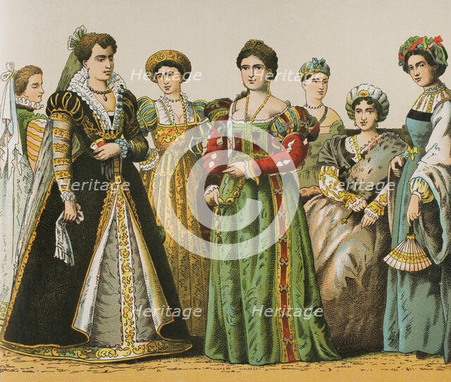 History of Italy: Madam's dresses, 1500-1600, (1881).  Creator: Unknown.