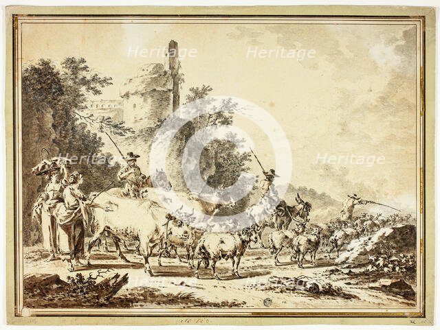 Herdsmen, Cattle and Sheep Passing Two Maidens, with Ruined Castle on Hill Above, n.d. Creator: Unknown.