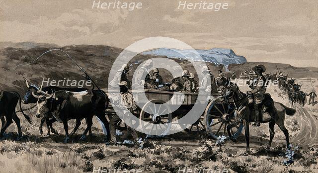 Boer War: wounded men transported in an ambulance cart drawn by oxen, 1900. Creator: George Soper.